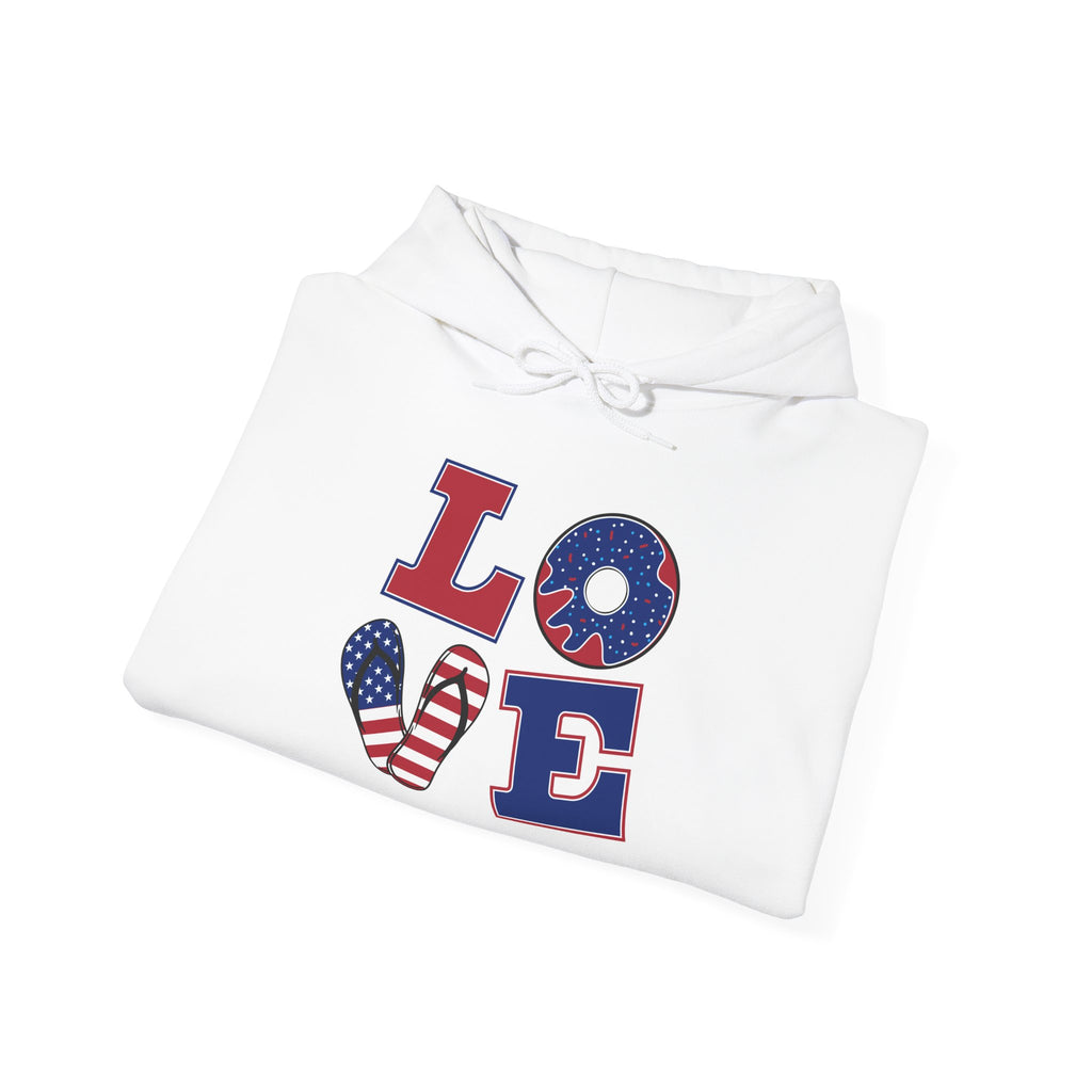Patriotic Love Hoodie – USA Flag 'LOVE' Front with Arrow-Pierced Heart Back