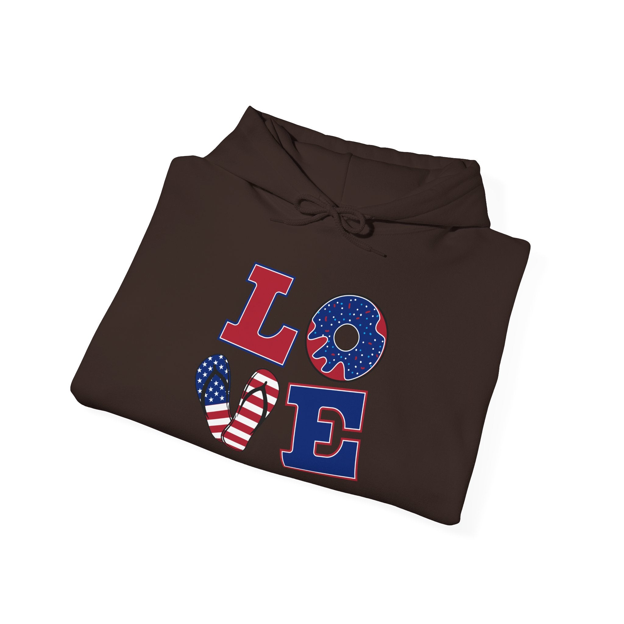 Patriotic Love Hoodie – USA Flag 'LOVE' Front with Arrow-Pierced Heart Back