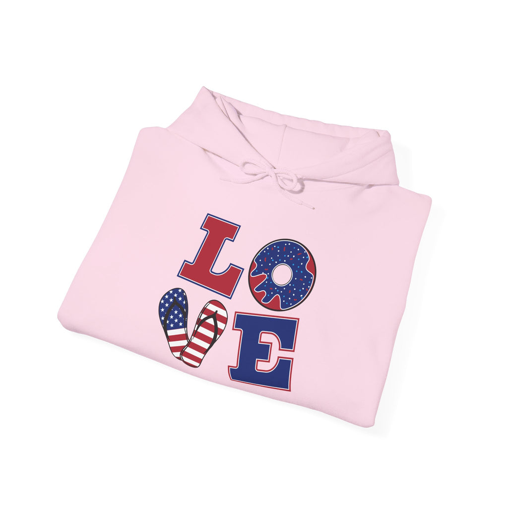Patriotic Love Hoodie – USA Flag 'LOVE' Front with Arrow-Pierced Heart Back
