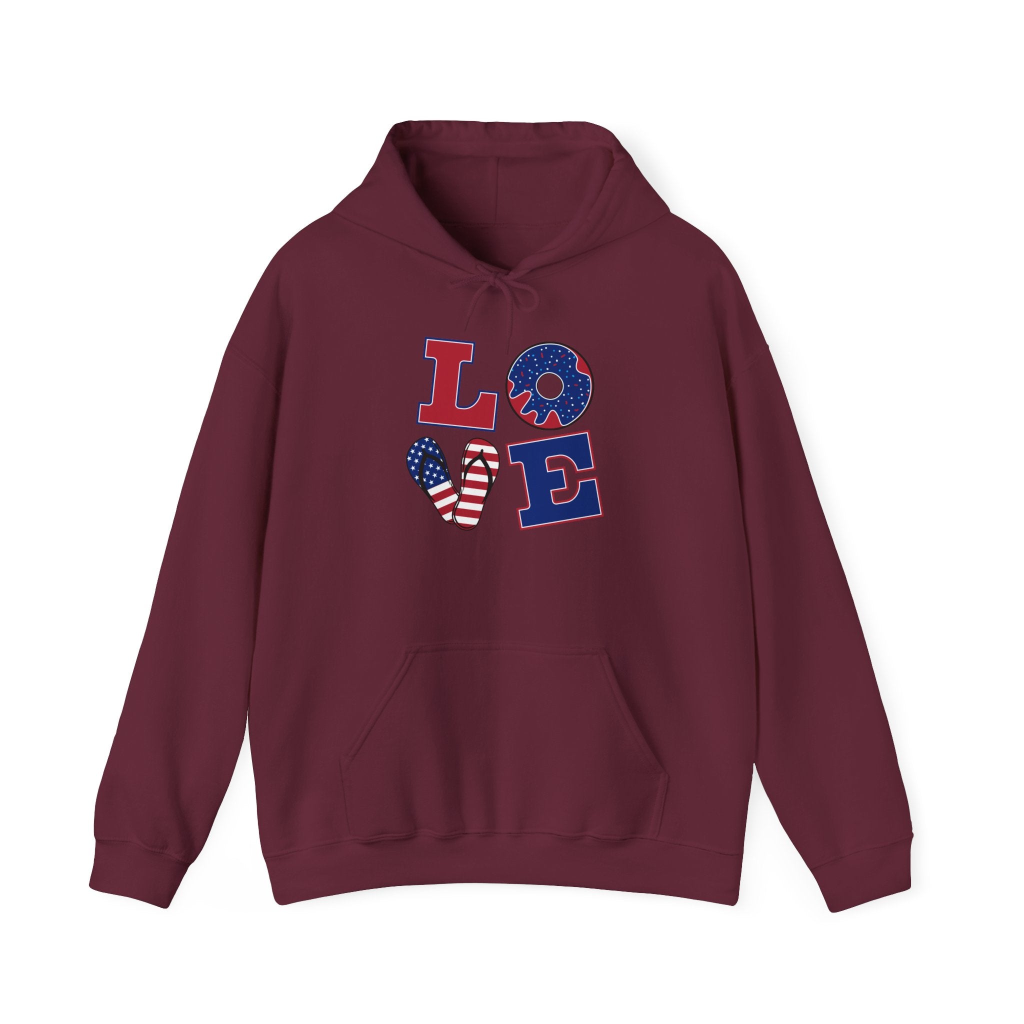 Patriotic Love Hoodie – USA Flag 'LOVE' Front with Arrow-Pierced Heart Back