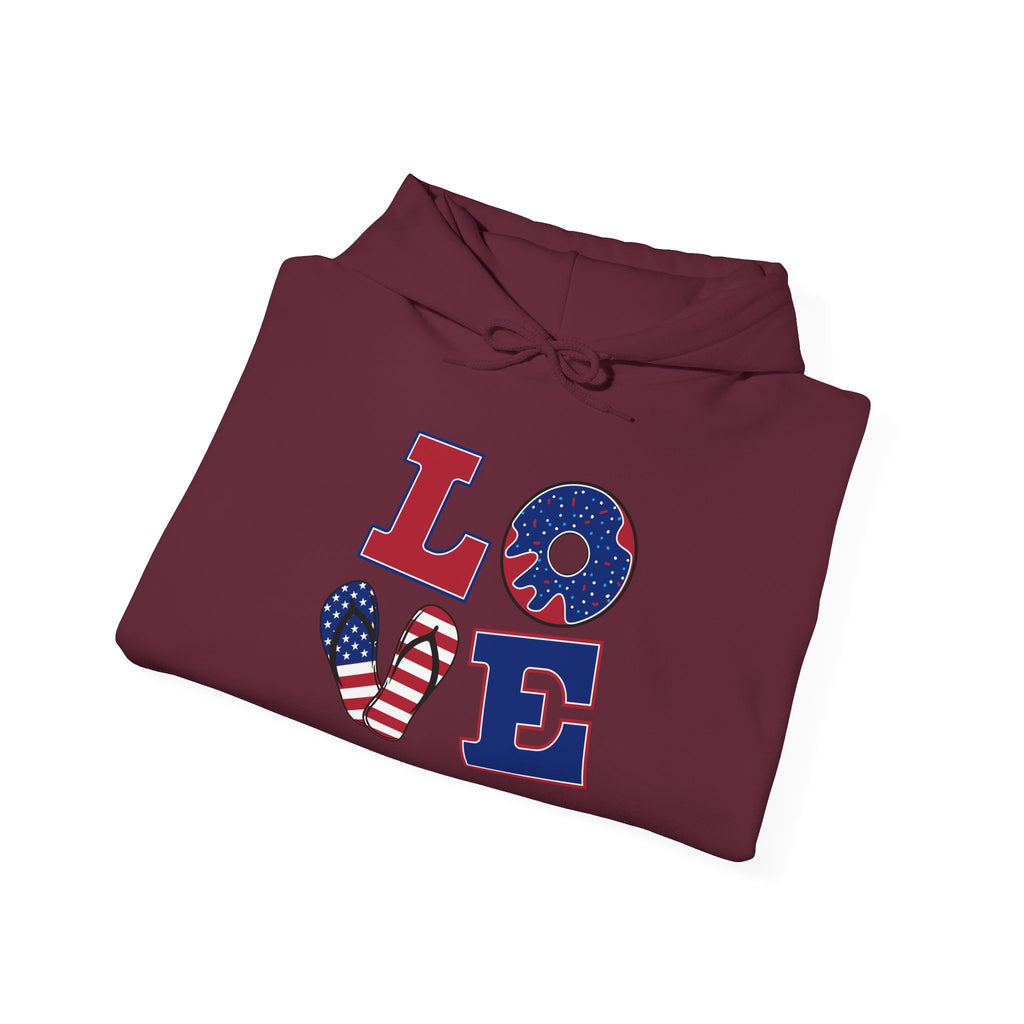 Patriotic Love Hoodie – USA Flag 'LOVE' Front with Arrow-Pierced Heart Back