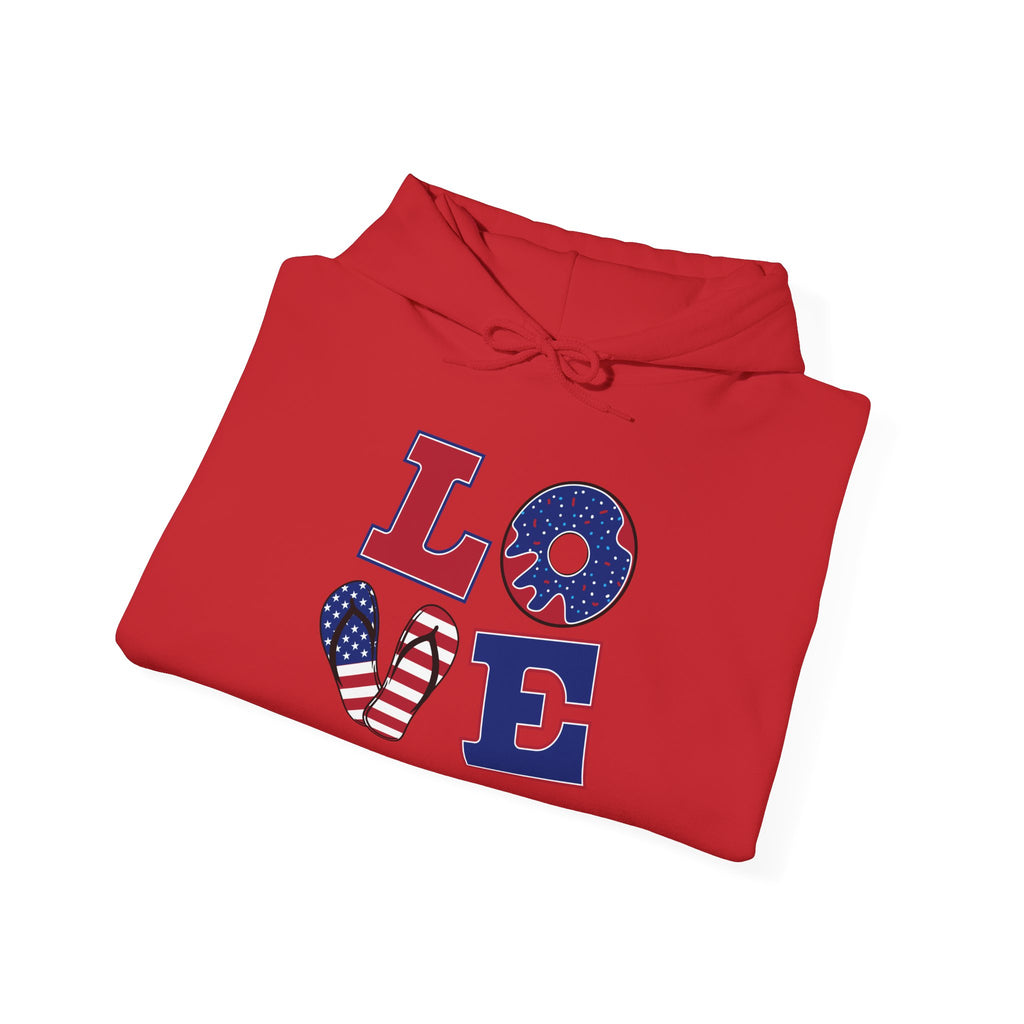 Patriotic Love Hoodie – USA Flag 'LOVE' Front with Arrow-Pierced Heart Back